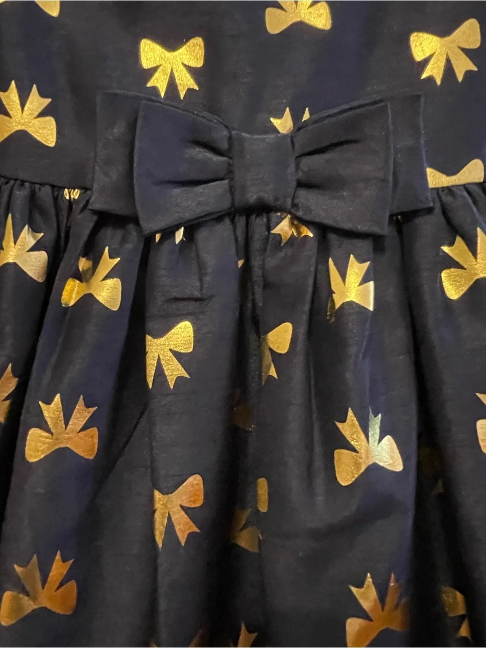 Size 7 GYMBOREE Girls Navy Bow-Print Party Dress with Metallic Gold Accents